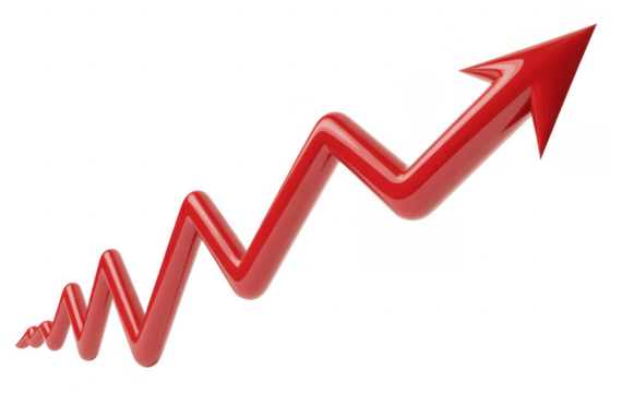 Red 3D arrow graph trending upward on black isolated on a transparent background - Powered by Adobe