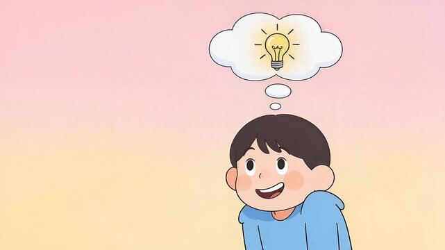 Animated Boy Struggling with a Problem and Then Finding a Bright Idea.