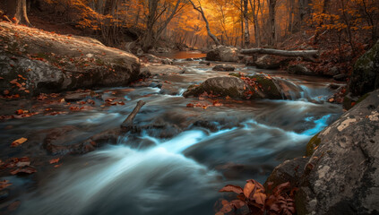 Autumn forest stream with flowing water, mossy rock, fallen leaves, warm light