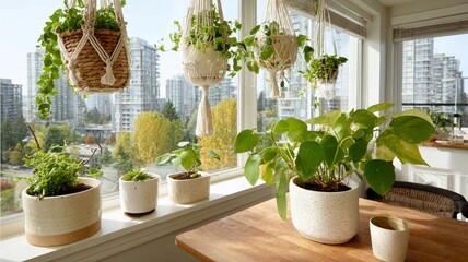 kitchen nook with macram&eacute; plant hangers, trailing pothos and philodendron, ceramic planters, natural daylight