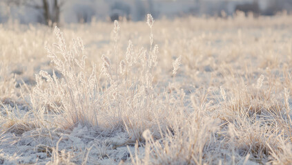 Fototapeta premium Frosted grass winter meadow morning frost frozen field backlit grass