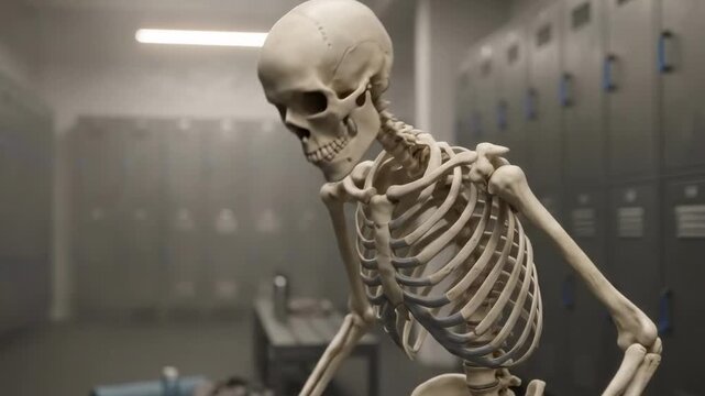 skeleton on a bench - A skeletal figure sits on a bench in a dimly lit locker room, draped in a towel, surrounded by exercise mats, water bottles, and lockers, evoking a humorous scenario