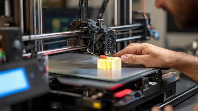 Engineer inspecting nozzle temperature and bed leveling on a filamentbased 3D printer for optimal layer adhesion and print reliability
