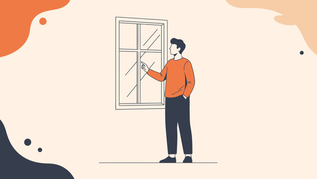 Illustration of a man standing by a window, contemplating the outside view with a thoughtful