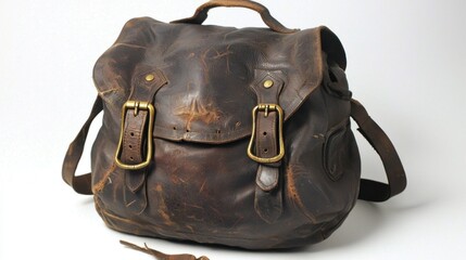 Vintage leather bag with brass buckles and worn texture placed on a neutral background in a studio setting