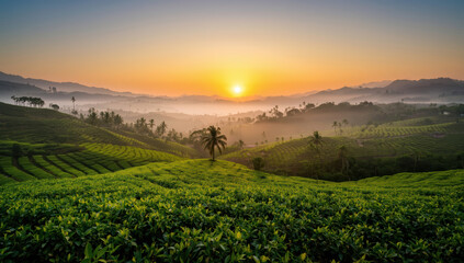 Sunrise tea plantation hills misty valley palm tree serenity
