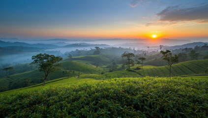 Obraz premium Sunrise tea plantation rolling hill misty morning calm