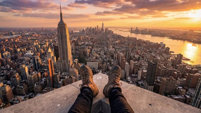 A person's feet dangle off a tall building, showcasing stunning cityscape view during the sunrise. Capturing the awe-inspiring skyline and the daring moment of personal freedom.