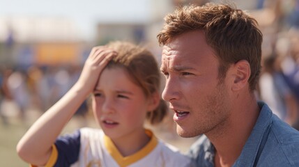 Father and daughter at a sports event. the father is on the right side of the image, with short blonde hair and a blue shirt. he is looking at the daughter with a concerned expression on his face.