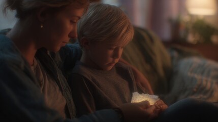 Mother and her young son sitting on a couch in a living room. the mother is on the left side of the image, with her head resting on the armrest of the couch.
