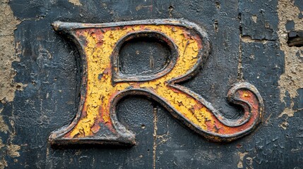 Old textured letter R on a weathered wall with paint peeling off in a dimly lit setting