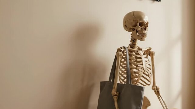 skeleton on a bench - A life-sized human skeleton casually poses on a wooden bench, holding a gray bag, with soft light illuminating the scene from a nearby window