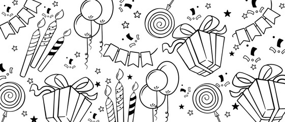 Birthday celebration line art banner with gifts and party elements. Minimal hand drawn line art banner with birthday gifts, balloons, candles, confetti and party decorations. Perfect for website heade
