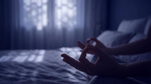 A moment of quiet contemplation in a serene bedroom scene. The soft glow of moonlight illuminates hands, perfectly poised in a gesture of mindfulness and relaxation, embodying peace and tranquility.