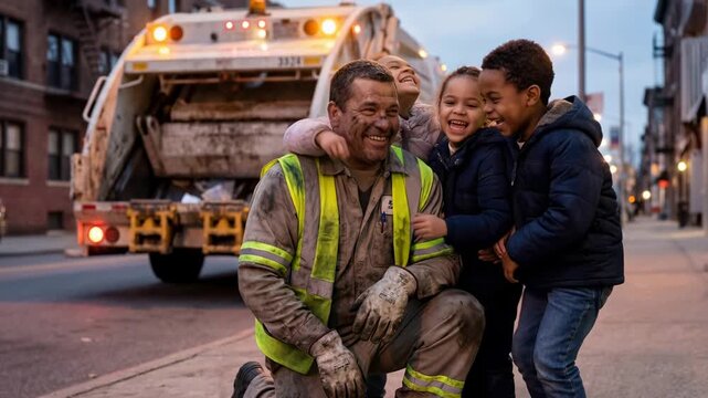 A garbage man kneels with laughing children, sharing a tender moment of connection amidst their urban community. The garbage truck in the background, a testament to service. 