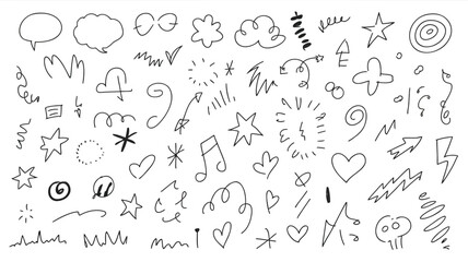 A playful collection of hand drawn black doodles and symbols including hearts stars and arrows on white background for design elements