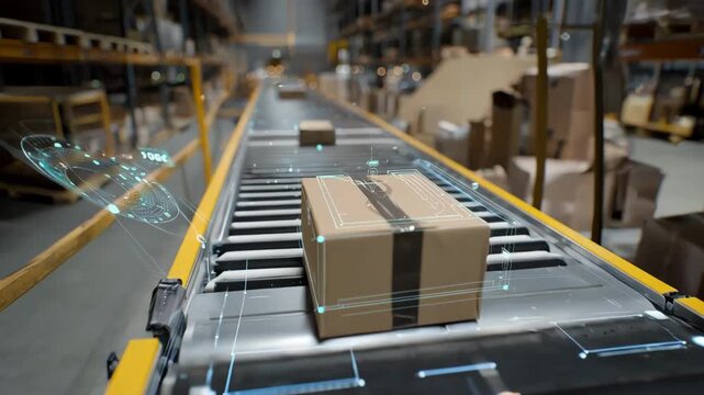 Medium shot of conveyor belt transporting repossessed items while AI sensors capture detailed evaluation metrics.