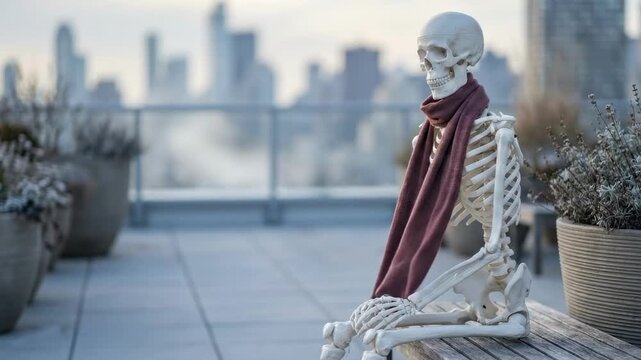 skeleton on a bench - A skeletal figure draped in a maroon scarf sits casually on a rooftop deck, with a city skyline in the background, evoking a blend of humor and contemplation