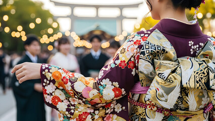 Woman in traditional japanese kimono celebrating coming of age day