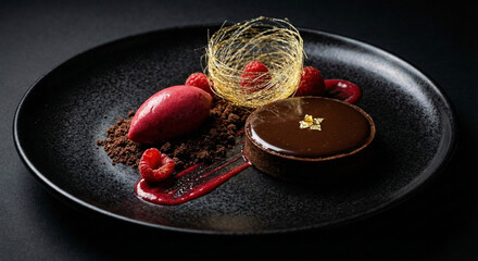 Elegant chocolate tart dessert with raspberry sorbet, fresh berries, and spun sugar decoration on a black plate