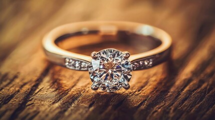 Diamond ring on wooden surface with simple design and shining stone