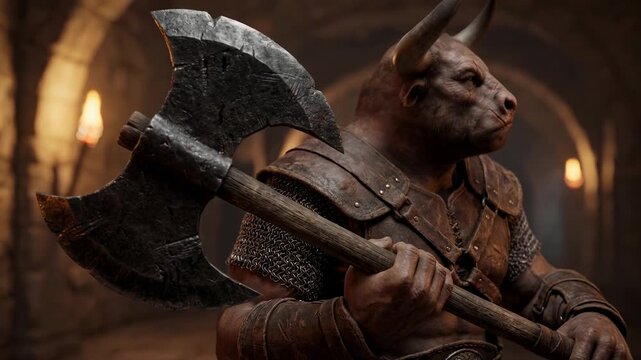 A formidable minotaur stands resolute within a stone corridor, brandishing a large axe. The beast's physique suggests great strength, while the detailed surroundings hint at a dark, possibly ancient.
