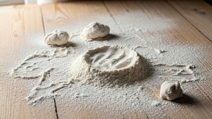 Rustic baking scene with scattered flour and dough on a wooden table, poised for culinary creation