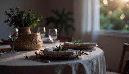 ナチュラルでシンプルなランタンの雑貨のある素敵なテーブル、コピースペース  
Beautiful Table with a Natural Simple Lantern Decor, Copy Space
