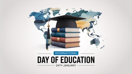 International Day of Education Illustration with Graduation Cap, Books and World Map