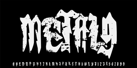 lettering in abstract scary letters. Vector set of alphabet letters and numbers written in blood and paint on black background. Horror font for headline, poster, label. Splash Alphabet