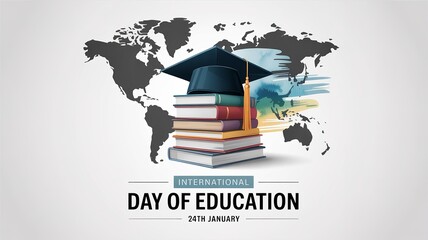 International Day of Education Illustration with Graduation Cap, Books and World Map