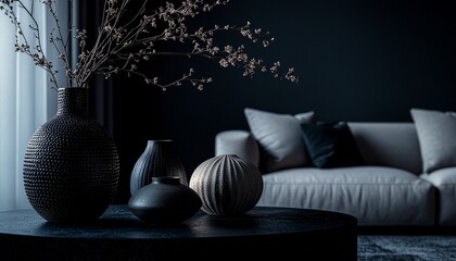 夜の静けさに映える曲線美 — かぼちゃのような花瓶と植物が彩るシンプルモダンインテリア  
Curved Elegance in Night Interior — Pumpkin-Shaped Vase and Plants in Simple Modern Space
