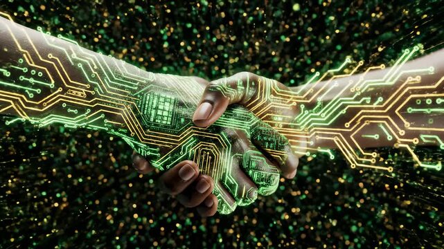 Diverse People Shaking Hands With Digital Technology Circuit Overlay