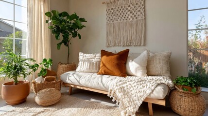 boho living room with large macram&eacute; wall hanging above sofa, houseplants, rattan, sunlight filtering through linen curtains, warm neutral palette