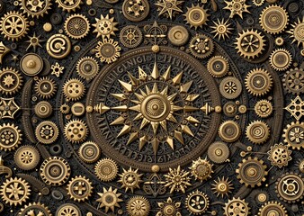 Embellished Metallic Industrial Machinery Radial Cogs Mandala Starburst Pattern Background