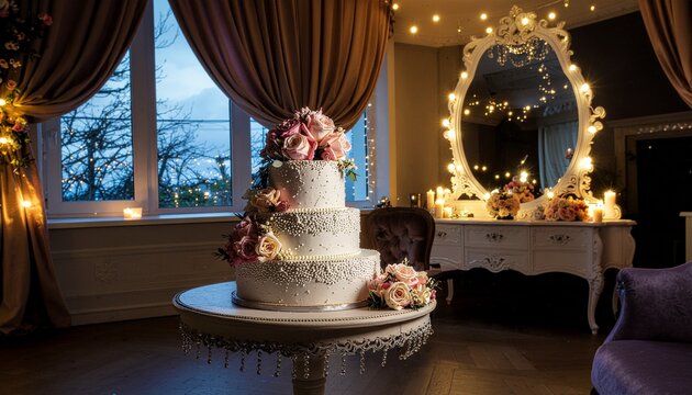 花で彩られた豪華な三段ウェディングケーキのデコレーション / Luxurious three-tier wedding cake adorned with flowers

