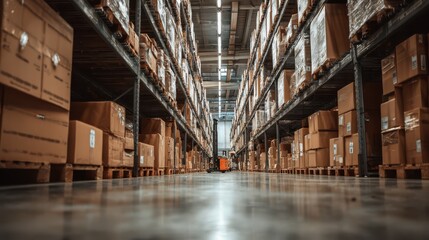 Organized shipping boxes in a warehouse aisle, ready for transport