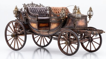 Fototapeta premium Ornate vintage carriage with weathered finish and leather seating on white backdrop