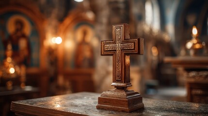 Orthodox cross resting on carved altar under soft candlelight