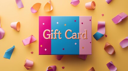 Gift card displayed on a colorful background with confetti and ribbon pieces scattered around the card for a festive look
