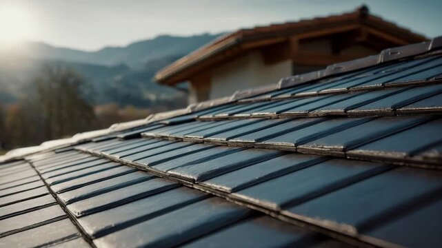 Medium shot focusing on solar roof tiles blending seamlessly with traditional roofing highlighting innovative and ecofriendly power generation.