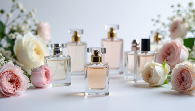 花と香水瓶が佇む上品なコピースペース / Elegant copy space with a perfume bottle and flowers
