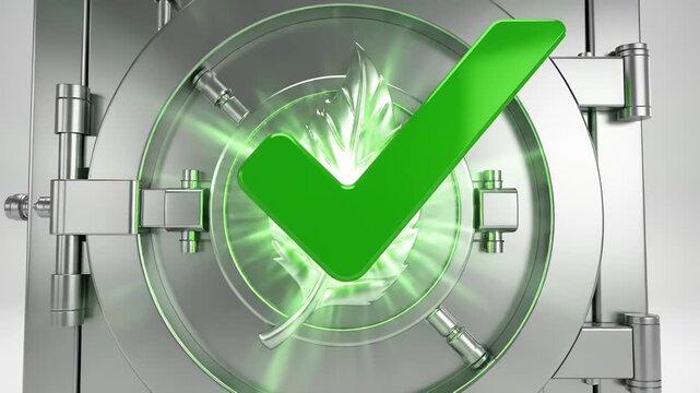 Bank Vault Safely Securing Green Check Mark and Silver Leaf Symbol