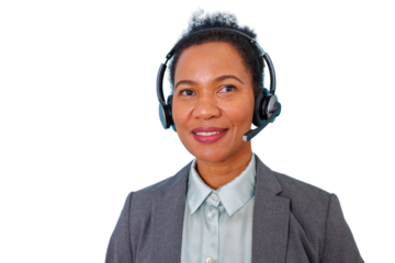 Friendly african american woman specialist wearing a headset, providing customer support with a smile. Transparent background