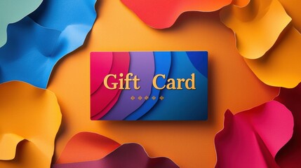 Gift card placed on colorful paper background with curved shapes in various colors showcasing a vibrant display