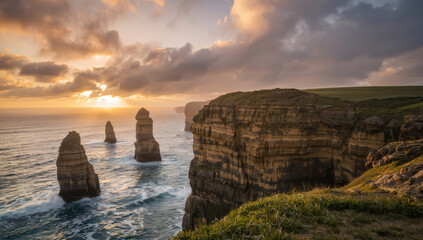 Sunset ocean rock formation coastal cliff dramatic light serene mood