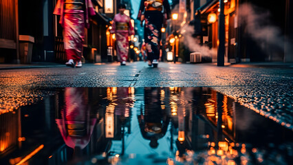 City street at night with wet pavement and reflections