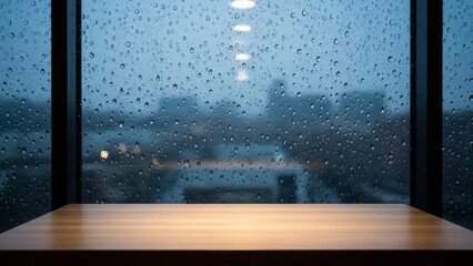 Raindrops on a Window Pane Overlooking a Cityscape at Dusk