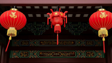 Chinese new year lanterns hanging on the porch of a temple