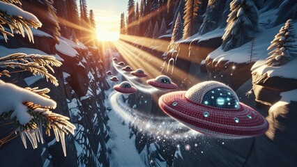 UFOs Flying Through Snowy Canyon